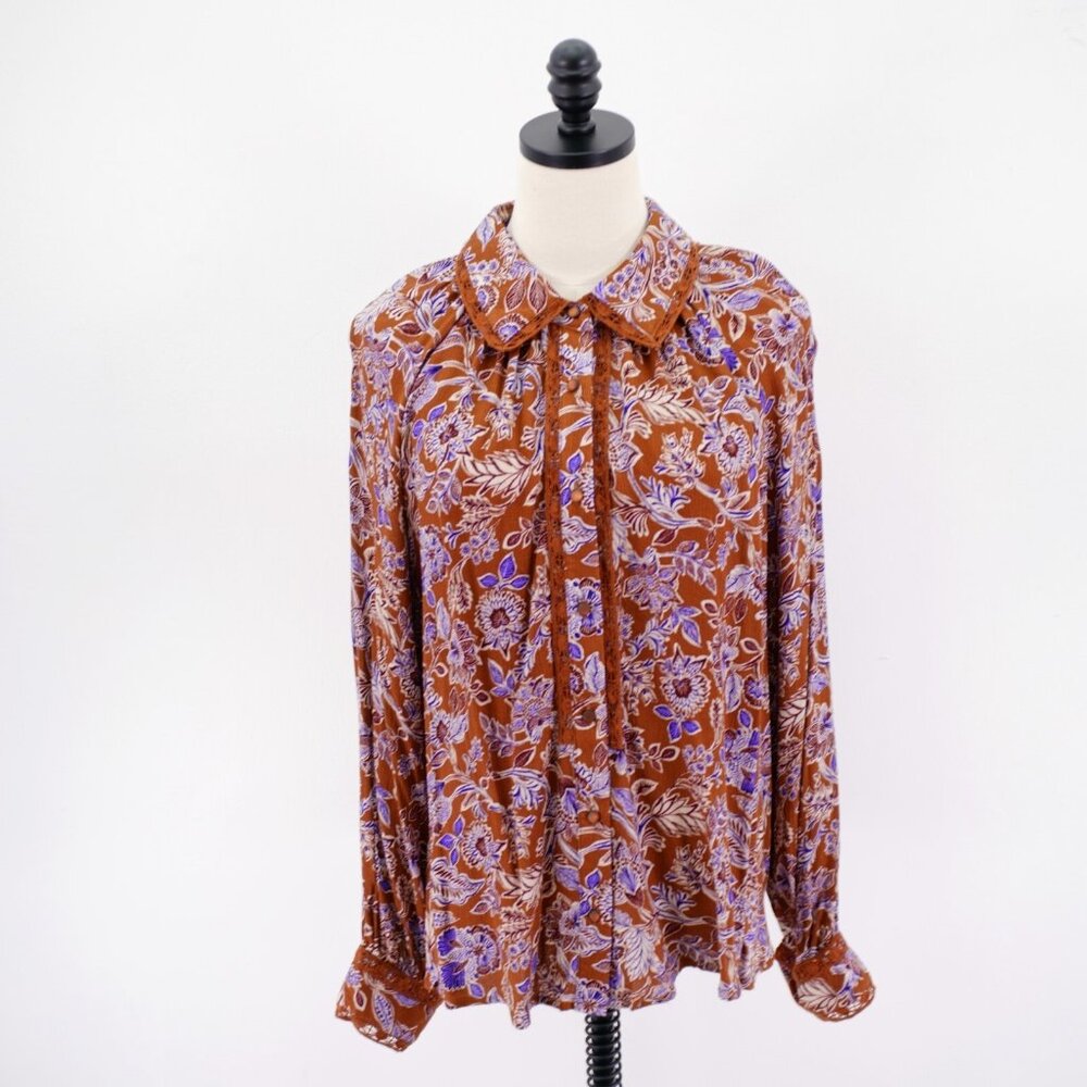 Democracy Collared Button Front Brown Blue‎ Floral Lace Lined Shirt 1X Top Rayon